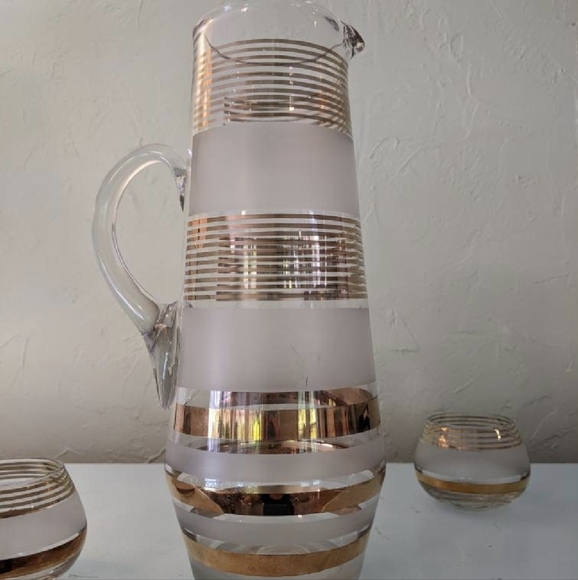 Mid Century Gold Czech Decanter Set Roly Poly Low Ball Glasses - Picture 6 of 9